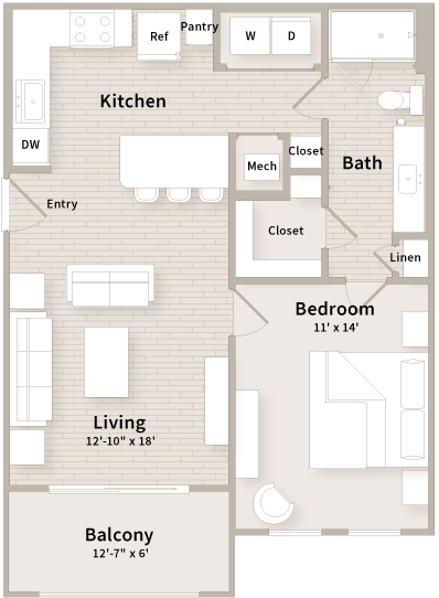 A1 floorplan which is a 1 bedroom, 1 bath apartment at The Parkway on Westlake, Texas, 77346